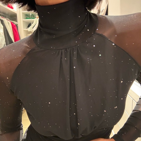 Tops - Black Sheer Mesh Sparkle Turtleneck Top